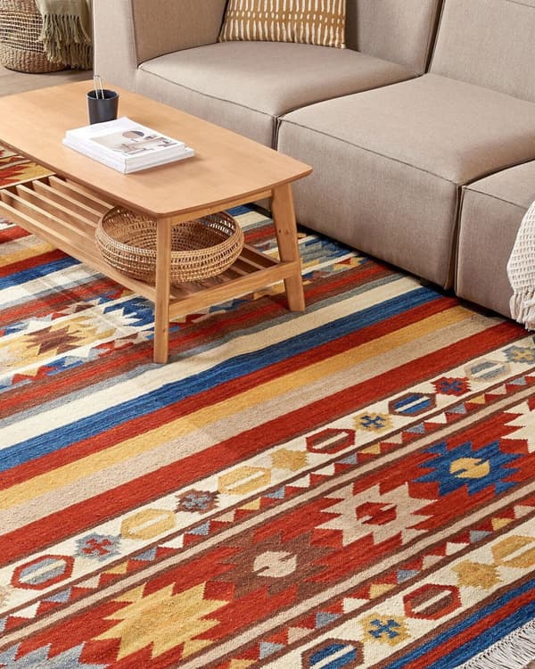 Kelim Matta Flerfärgad Ull 200 x 300 cm Handvävd Plattväv Orientaliskt Mönster med Tofsar Traditionell Vardagsrum Sovrum