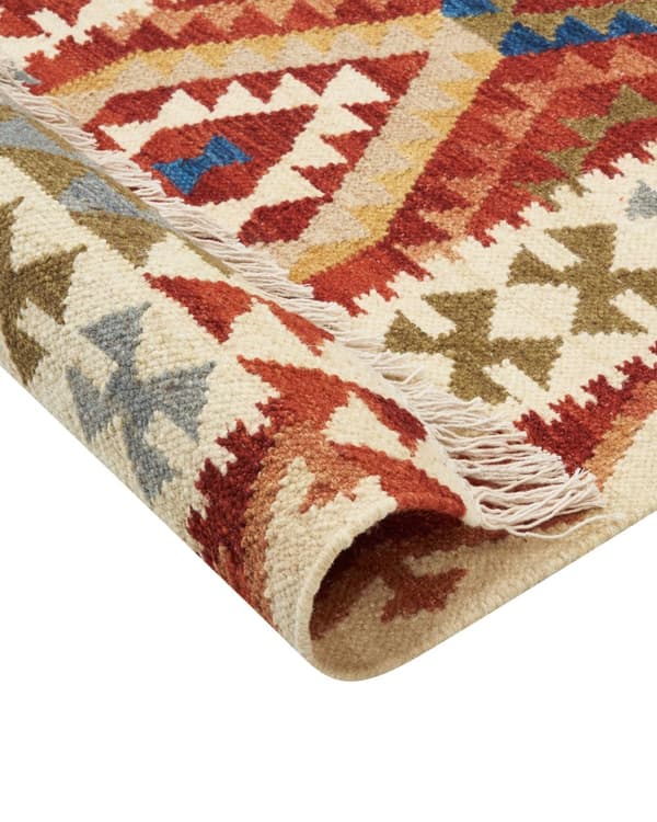 Kelim Matta Flerfärgad Ull 80 x 150 cm Handvävd Plattväv Geometriskt Mönster med Tofsar Traditionell Vardagsrum Sovrum