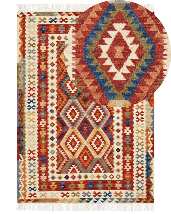 Kelim Matta Flerfärgad Ull 80 x 150 cm Handvävd Plattväv Geometriskt Mönster med Tofsar Traditionell Vardagsrum Sovrum