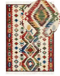 Miniatyrbild 1 av 7: Kelim Matta Flerfärgad Ull 200 x 300 cm Handvävd Plattväv Orientaliskt Mönster med Tofsar Traditionell Vardagsrum Sovrum