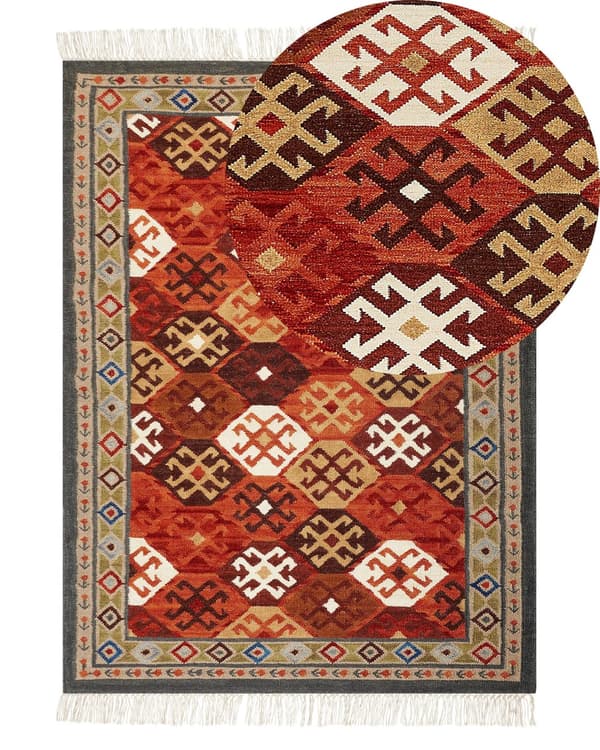 Teppe Flerfarget Ull 140 x 200 cm Kelim Frynser Håndvevd Rustikk Orientalsk design Dekorativt Stue Soverom