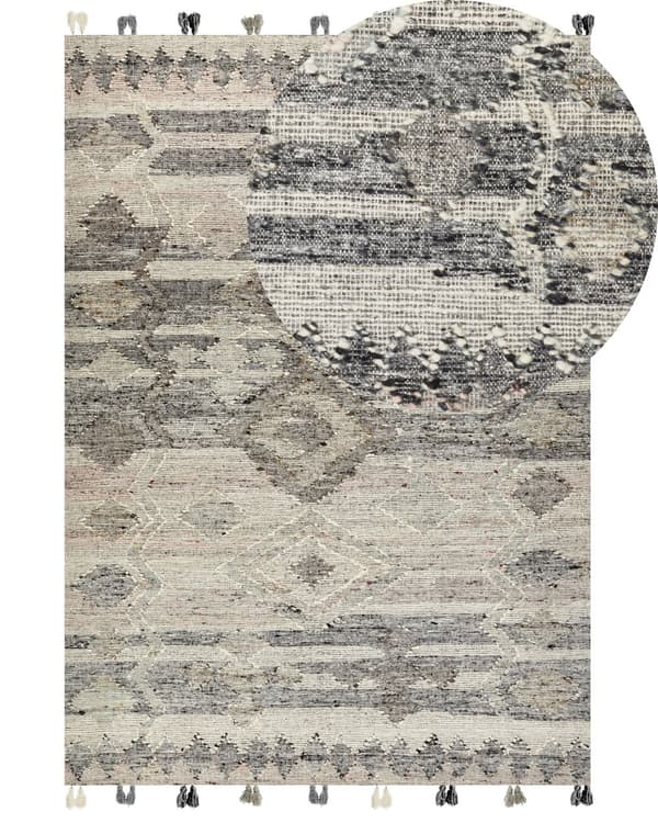 Teppe Grå Ull Bomull 200 x 300 cm Kelim Håndvevd Lappemønster Dusker Boho Dekorativt Stue Soverom