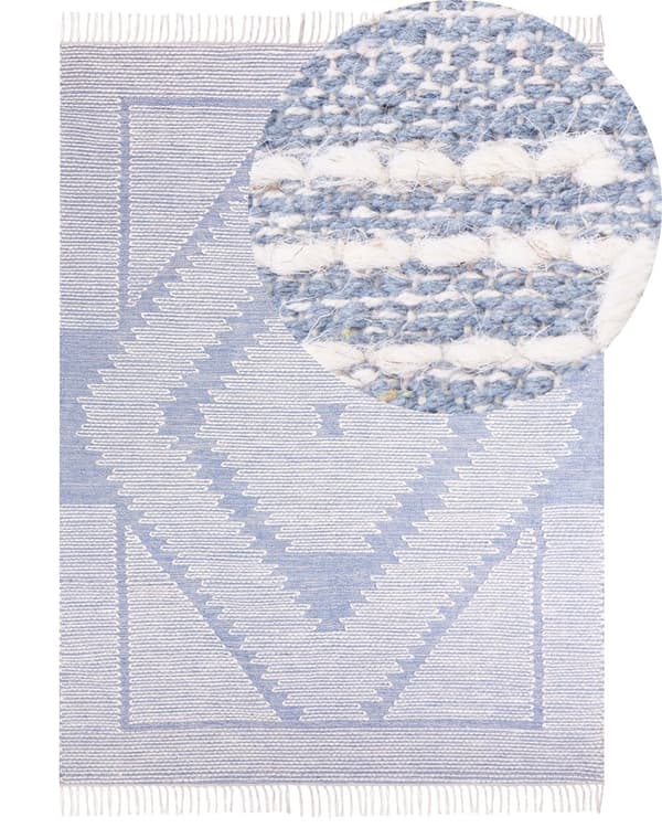 Matto sininen valkoinen 160 x 230 cm puuvilla villa suorakulmio hapsut käsintehty moderni boho