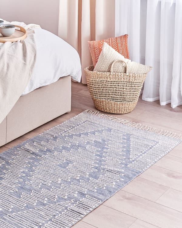 Matto sininen valkoinen 80 x 150 cm puuvilla villa suorakulmio hapsut käsintehty moderni boho
