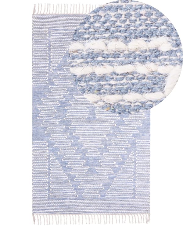 Matto sininen valkoinen 80 x 150 cm puuvilla villa suorakulmio hapsut käsintehty moderni boho