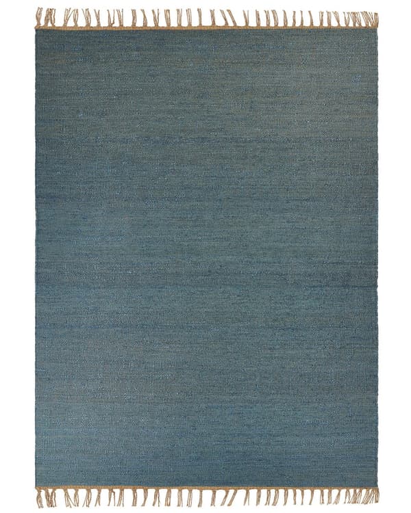 Gulvtæppe Blå Jute 160 x 230 cm Rektangulær Gulvtæp med Frynser Fladvævet Løs Korthåret Tæppe til under Sofabord Soveværelse Entre