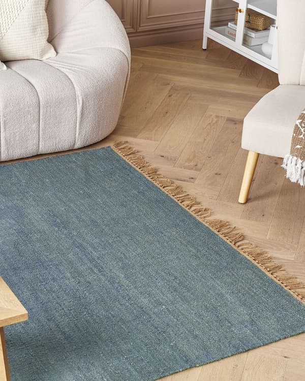 Gulvtæppe Blå Jute 160 x 230 cm Rektangulær Gulvtæp med Frynser Fladvævet Løs Korthåret Tæppe til under Sofabord Soveværelse Entre