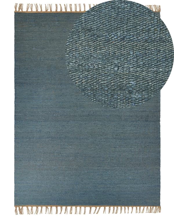 Gulvtæppe Blå Jute 160 x 230 cm Rektangulær Gulvtæp med Frynser Fladvævet Løs Korthåret Tæppe til under Sofabord Soveværelse Entre