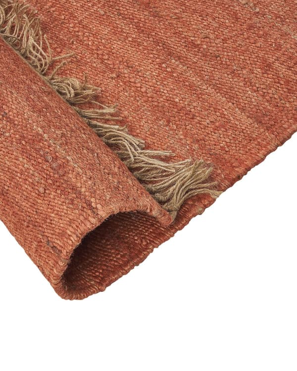 Gulvtæppe Rød Jute 160 x 230 cm Rektangulær Gulvtæp med Frynser Fladvævet Løs Korthåret Tæppe til under Sofabord Soveværelse Entre