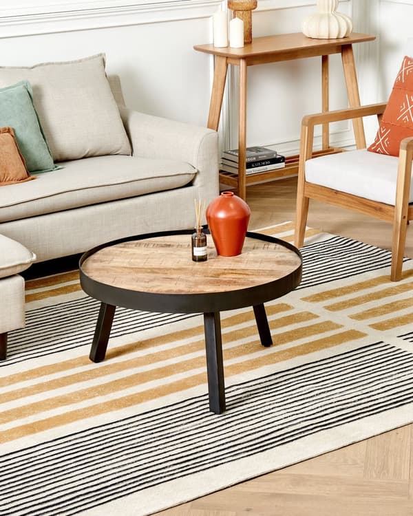 Matto keltainen musta 200 x 300 cm puuvilla polyesteri lyhyt nukka jacquard-kudottu raidallinen boho
