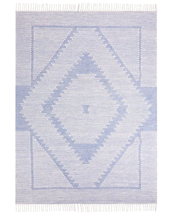 Matta Off-White Blå Bomull Ull 160 x 230 cm Geometriskt Mönster Runor Tribal Tofsar Orientalisk