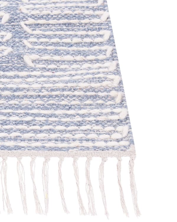 Matta Off-White Blå Bomull Ull 160 x 230 cm Geometriskt Mönster Runor Tribal Tofsar Orientalisk