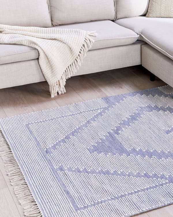 Matta Off-White Blå Bomull Ull 160 x 230 cm Geometriskt Mönster Runor Tribal Tofsar Orientalisk