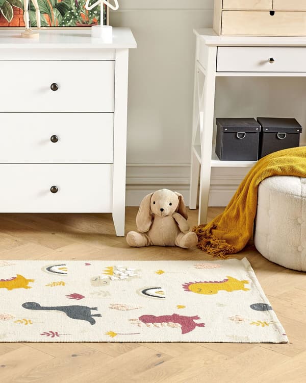 Børnetæppe Beige Multifarvet Bomuld 80 x 150 cm Dinosaurer Tæppe Dyr Børnegulvtæppe Ting til Børneværelse Bomuldsuldstæppe til Gulv