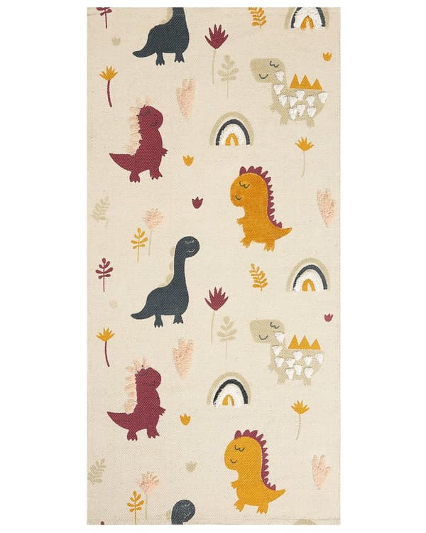 Matto monivärinen 80 x 150 cm puuvilla lastenhuone dinosauruskuvio matala nukka käsinkudottu