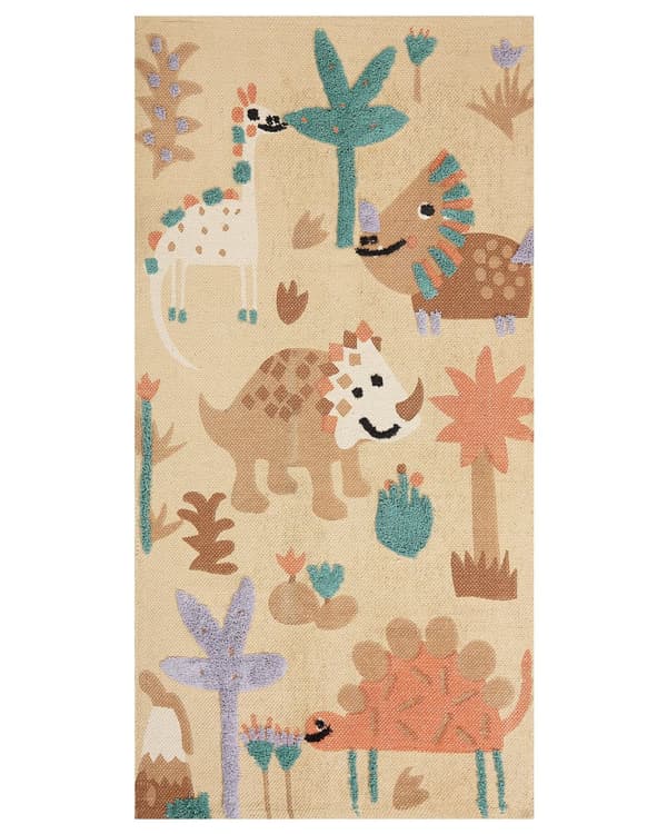 Matto monivärinen 80 x 150 cm puuvilla lastenhuone dinosauruskuvio matala nukka käsintehty