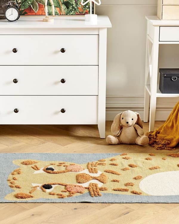 Matto keltainen harmaa 80 x 150 cm puuvilla käsin tuftattu leopardikuvio lastenhuone matala nukka
