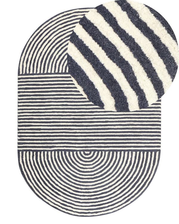 Tæppe Hvid og Grafitgrå uld bomuld 140 x 200 cm Oval Håndtuftet Lav luv Stribet