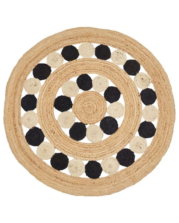 Teppe Beige Svart Jute ø 140 cm Bohemsk Rustikk Håndvevd Flettet Naturlig materiale Stue Soverom