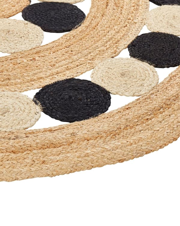 Teppe Beige Svart Jute ø 140 cm Bohemsk Rustikk Håndvevd Flettet Naturlig materiale Stue Soverom