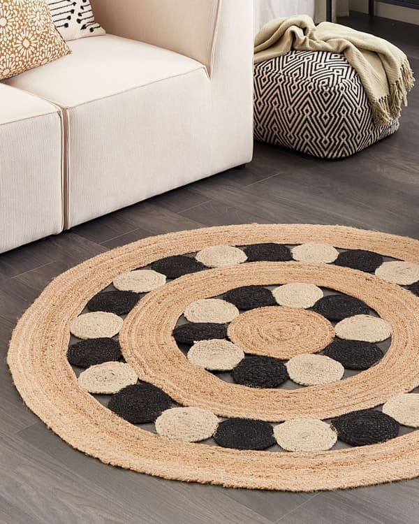 Teppe Beige Svart Jute ø 140 cm Bohemsk Rustikk Håndvevd Flettet Naturlig materiale Stue Soverom