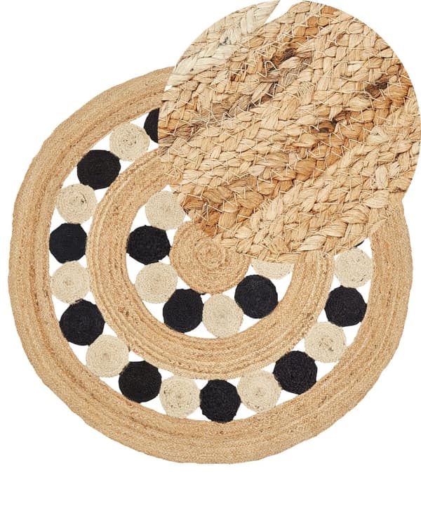 Teppe Beige Svart Jute ø 140 cm Bohemsk Rustikk Håndvevd Flettet Naturlig materiale Stue Soverom
