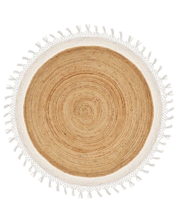 Teppe Beige Hvit Jute ø 140 cm Bohemsk Rustikk Håndvevd Flettet Naturlig materiale Stue Soverom