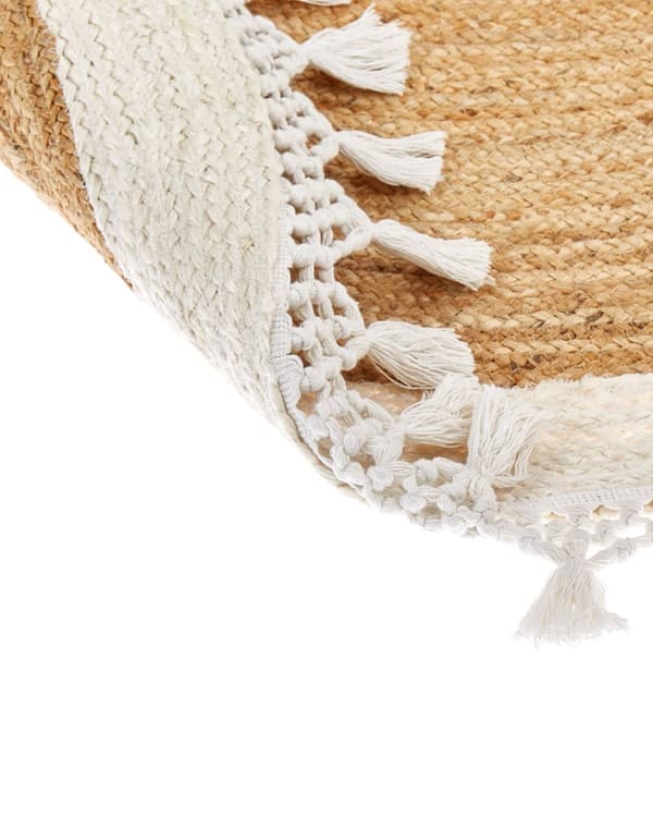 Teppe Beige Hvit Jute ø 140 cm Bohemsk Rustikk Håndvevd Flettet Naturlig materiale Stue Soverom