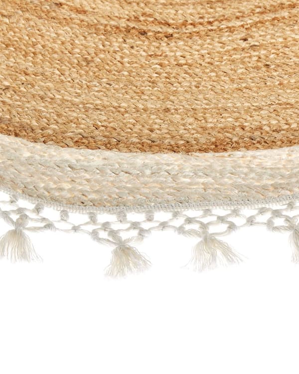 Teppe Beige Hvit Jute ø 140 cm Bohemsk Rustikk Håndvevd Flettet Naturlig materiale Stue Soverom