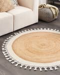 Miniatyrbilde 2 av 7: Teppe Beige Hvit Jute ø 140 cm Bohemsk Rustikk Håndvevd Flettet Naturlig materiale Stue Soverom