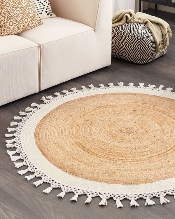 Teppe Beige Hvit Jute ø 140 cm Bohemsk Rustikk Håndvevd Flettet Naturlig materiale Stue Soverom