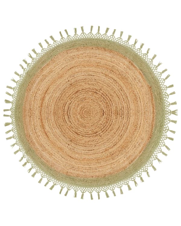 Teppe Beige Grønn Jute ø 140 cm Bohemsk Rustikk Håndvevd Flettet Naturlig materiale Stue Soverom