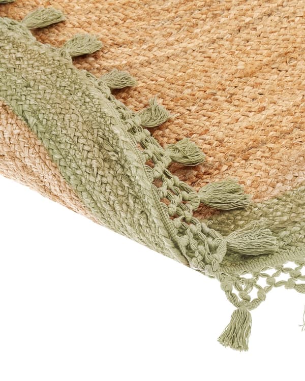 Teppe Beige Grønn Jute ø 140 cm Bohemsk Rustikk Håndvevd Flettet Naturlig materiale Stue Soverom