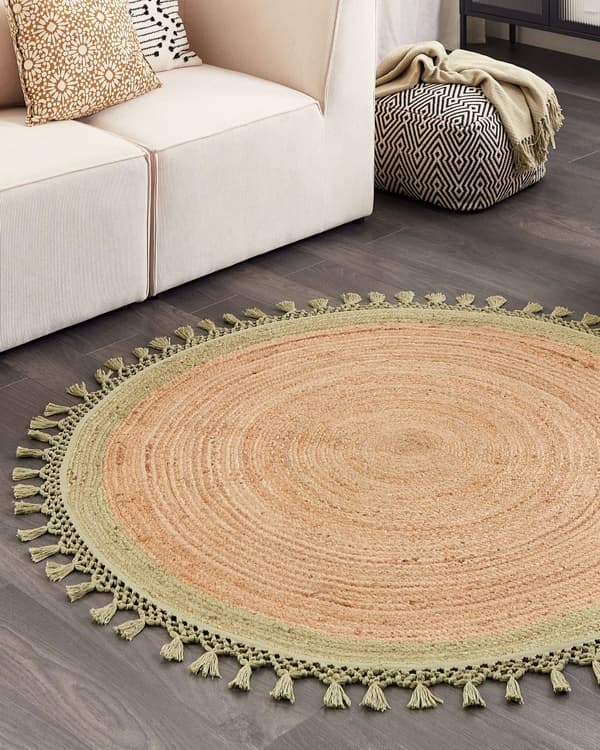 Teppe Beige Grønn Jute ø 140 cm Bohemsk Rustikk Håndvevd Flettet Naturlig materiale Stue Soverom