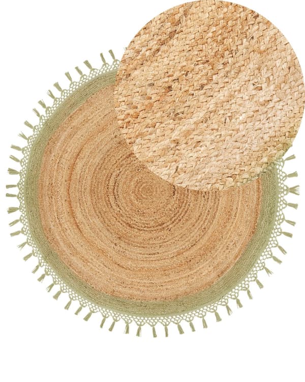 Teppe Beige Grønn Jute ø 140 cm Bohemsk Rustikk Håndvevd Flettet Naturlig materiale Stue Soverom