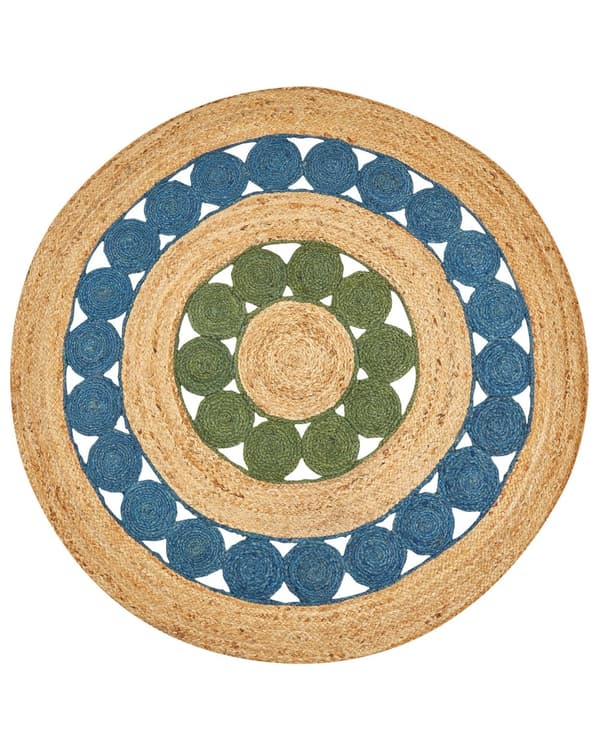 Matto sininen/vihreä luonnollinen juutti pyöreä 140 cm käsin tehty rustiikkinen boho tyyli