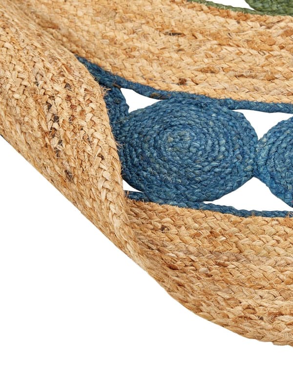 Matto sininen/vihreä luonnollinen juutti pyöreä 140 cm käsin tehty rustiikkinen boho tyyli