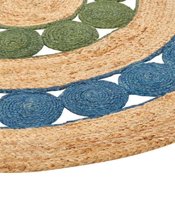 Matto sininen/vihreä luonnollinen juutti pyöreä 140 cm käsin tehty rustiikkinen boho tyyli