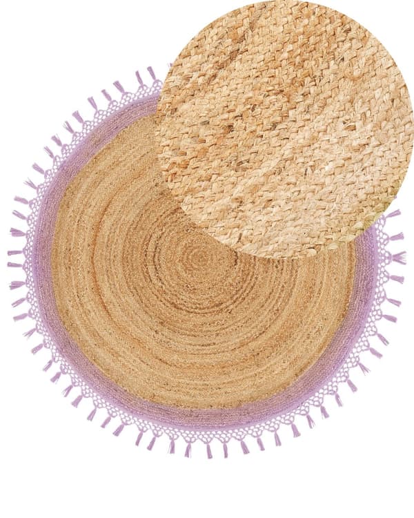 Gulvtæppe Beige Lilla Jute ø 140 cm Rund Natur Tæppe Mønster Rustik Boho Stil Fladvævet Flettet til Stuen Entré Indretning Tilbehør