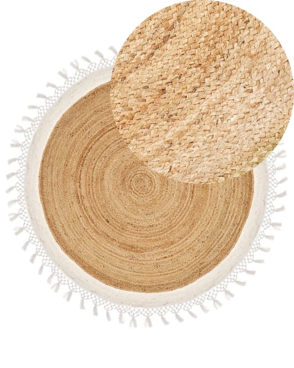 Gulvtæppe Beige Hvid Jute ø 140 cm Rund Natur Tæppe Mønster Rustik Boho Stil Fladvævet Flettet til Stuen Entré Indretning Tilbehør