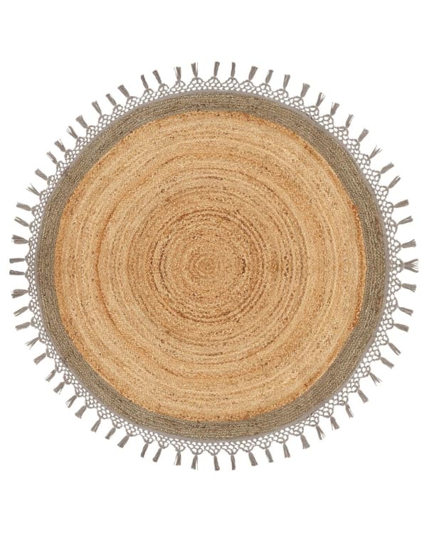 Gulvtæppe Beige Grå Jute ø 140 cm Rund Natur Tæppe Mønster Rustik Boho Stil Fladvævet Flettet til Stuen Entré Indretning Tilbehør