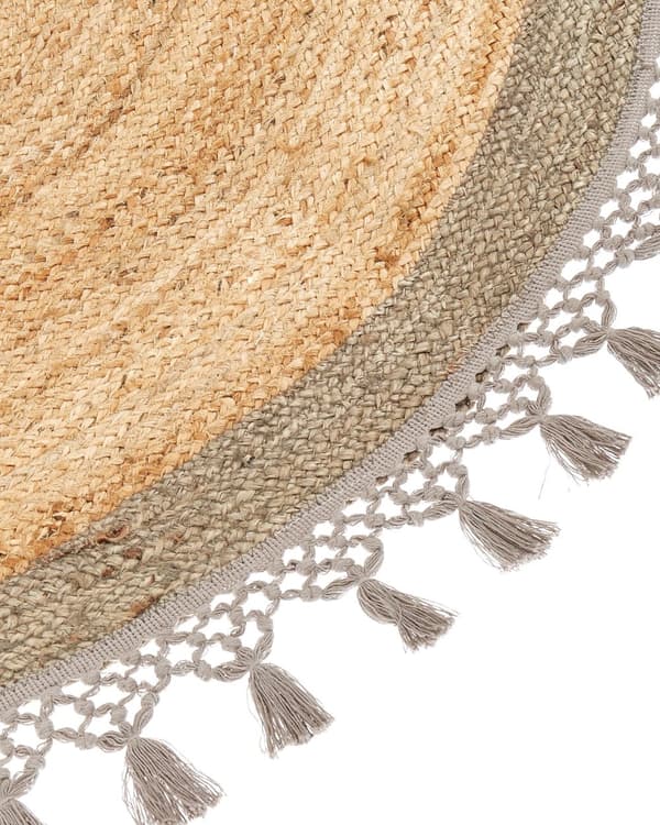 Gulvtæppe Beige Grå Jute ø 140 cm Rund Natur Tæppe Mønster Rustik Boho Stil Fladvævet Flettet til Stuen Entré Indretning Tilbehør