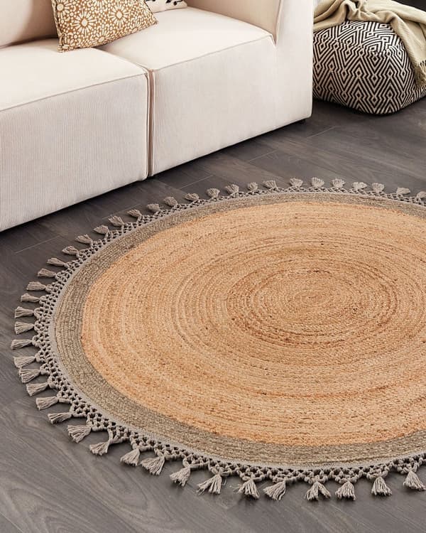 Gulvtæppe Beige Grå Jute ø 140 cm Rund Natur Tæppe Mønster Rustik Boho Stil Fladvævet Flettet til Stuen Entré Indretning Tilbehør