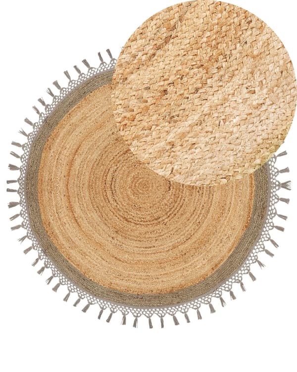 Gulvtæppe Beige Grå Jute ø 140 cm Rund Natur Tæppe Mønster Rustik Boho Stil Fladvævet Flettet til Stuen Entré Indretning Tilbehør