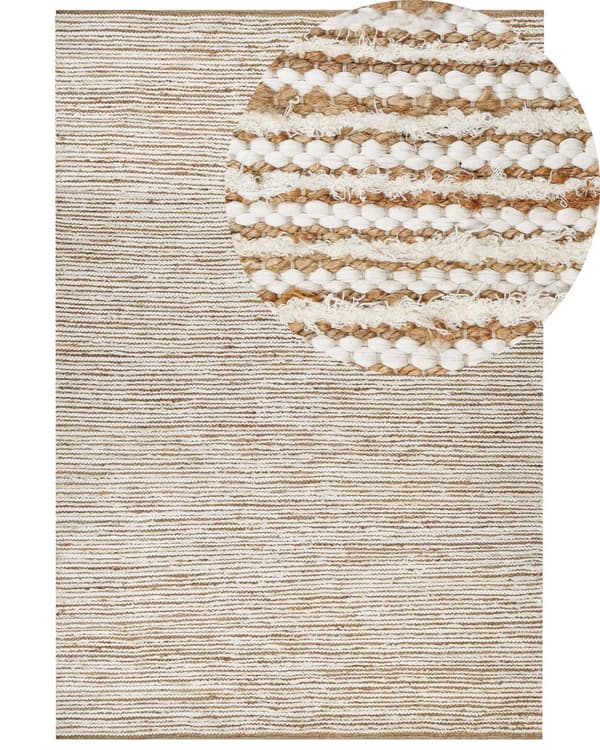 Moderne gulvtæppe Beige og hvid 200 x 300 cm Rektangulært håndvævet vendbart tæppe med lav bunke Moderne stue Soveværelse