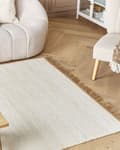 Miniatyrbillede 2 af 7: Gulvtæppe Lys Beige Jute 160 x 230 cm Rektangulær Gulvtæp med Frynser Fladvævet Løs Korthåret Tæppe til under Sofabord Soveværelse Entre