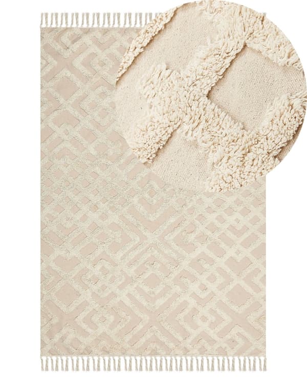 Matta Beige Bomull 140 x 200 cm Minimalistisk Tuftad Lurvig med Tofsar Design Geometriskt mönster Vardagsrum Sovrum