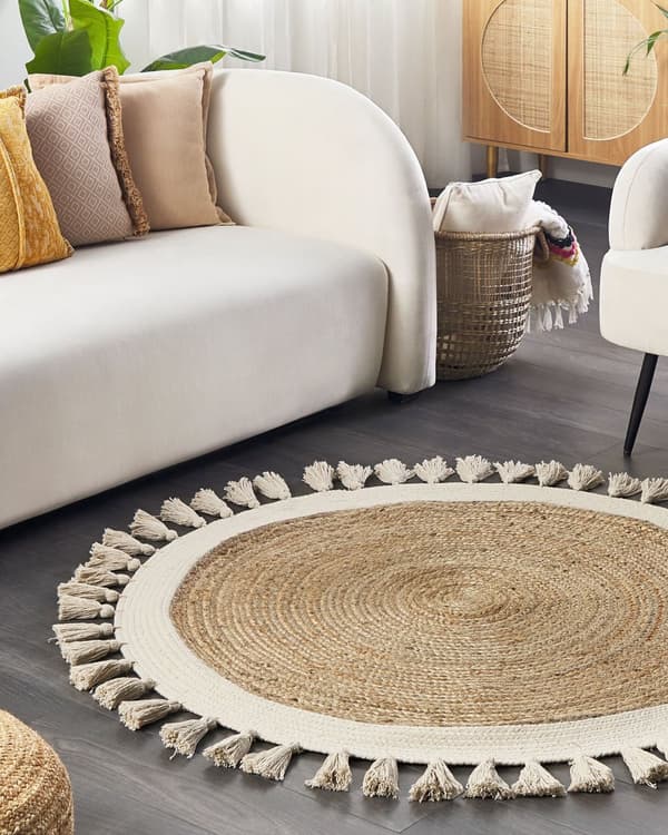 Jutematta Beige Rund 120 cm Spiral Flätad Naturlig Bohemisk Rustik Vardagsrum Sovrum