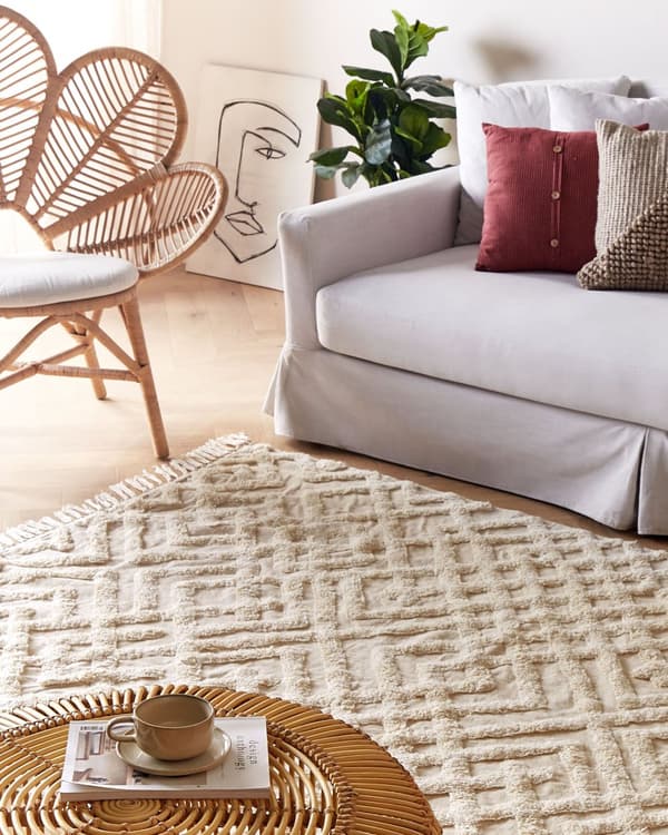 Matta Beige Bomull 160 x 230 cm Minimalistisk Tuftad Lurvig med Tofsar Design Geometriskt mönster Vardagsrum Sovrum