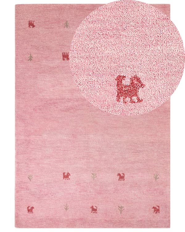 Ull gulvteppe rosa 160 x 230 cm Gabbeh håndtuftet westernmotiv rustikk moderne design